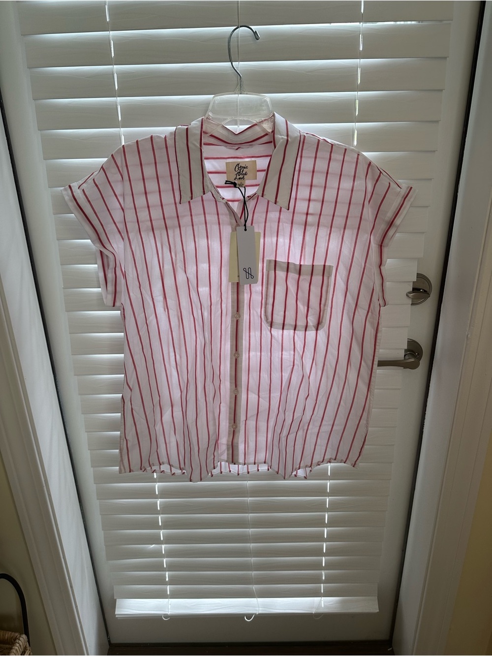 Olivier Stitched Pink & White Striped Short-Sleeve Button Blouse